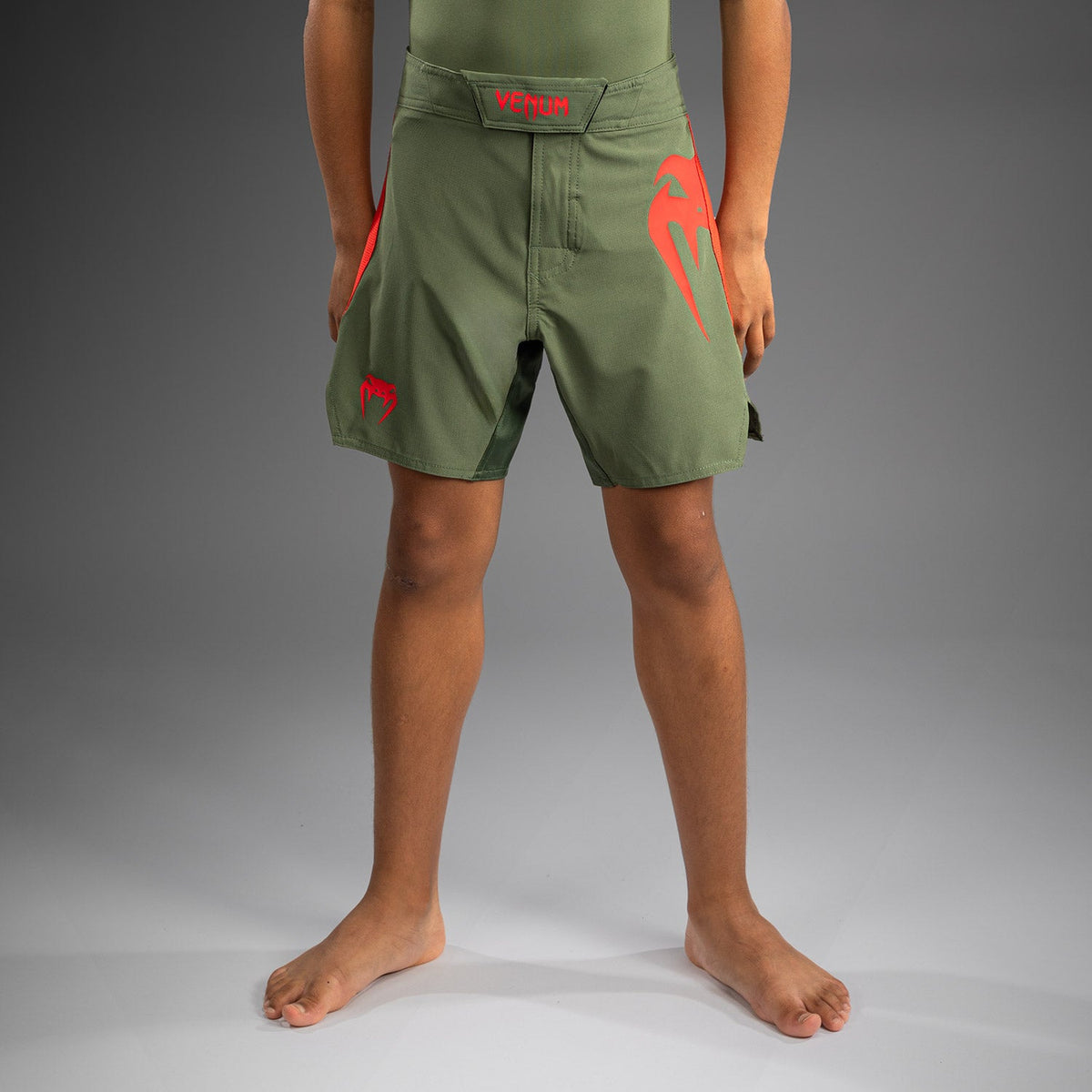 Venum Light Kids Fightshorts - Army Green/Orange